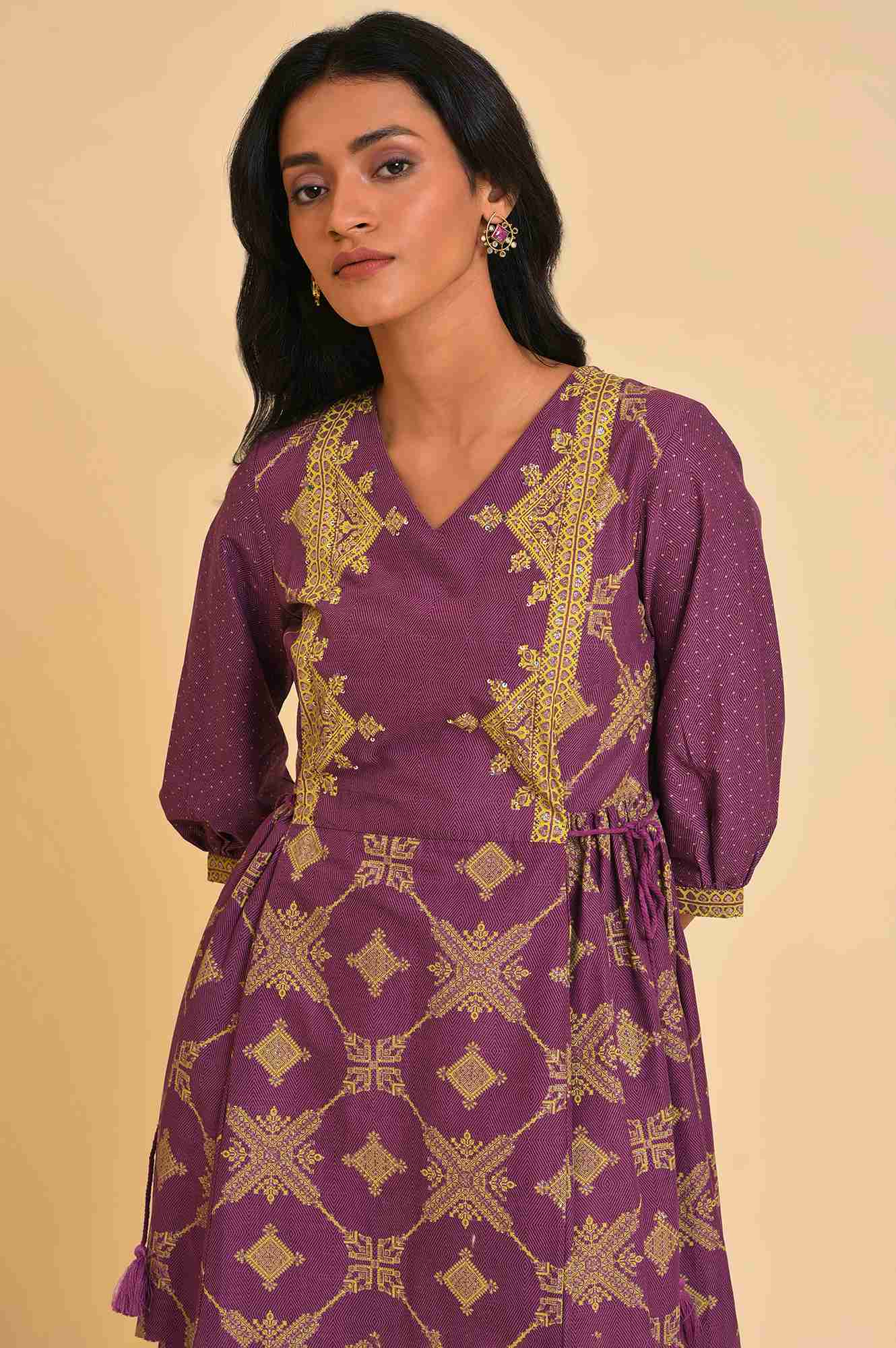 Purple Festive Gathered Dress With Sequin