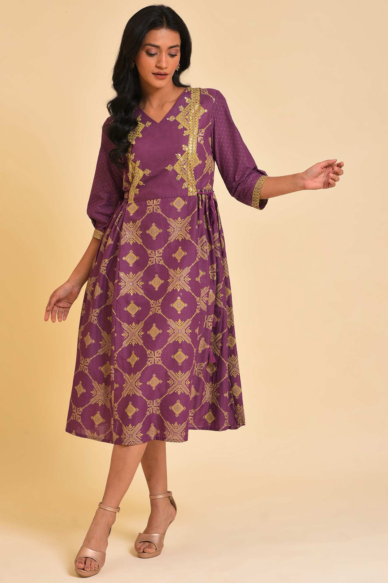 Purple Festive Gathered Dress With Sequin