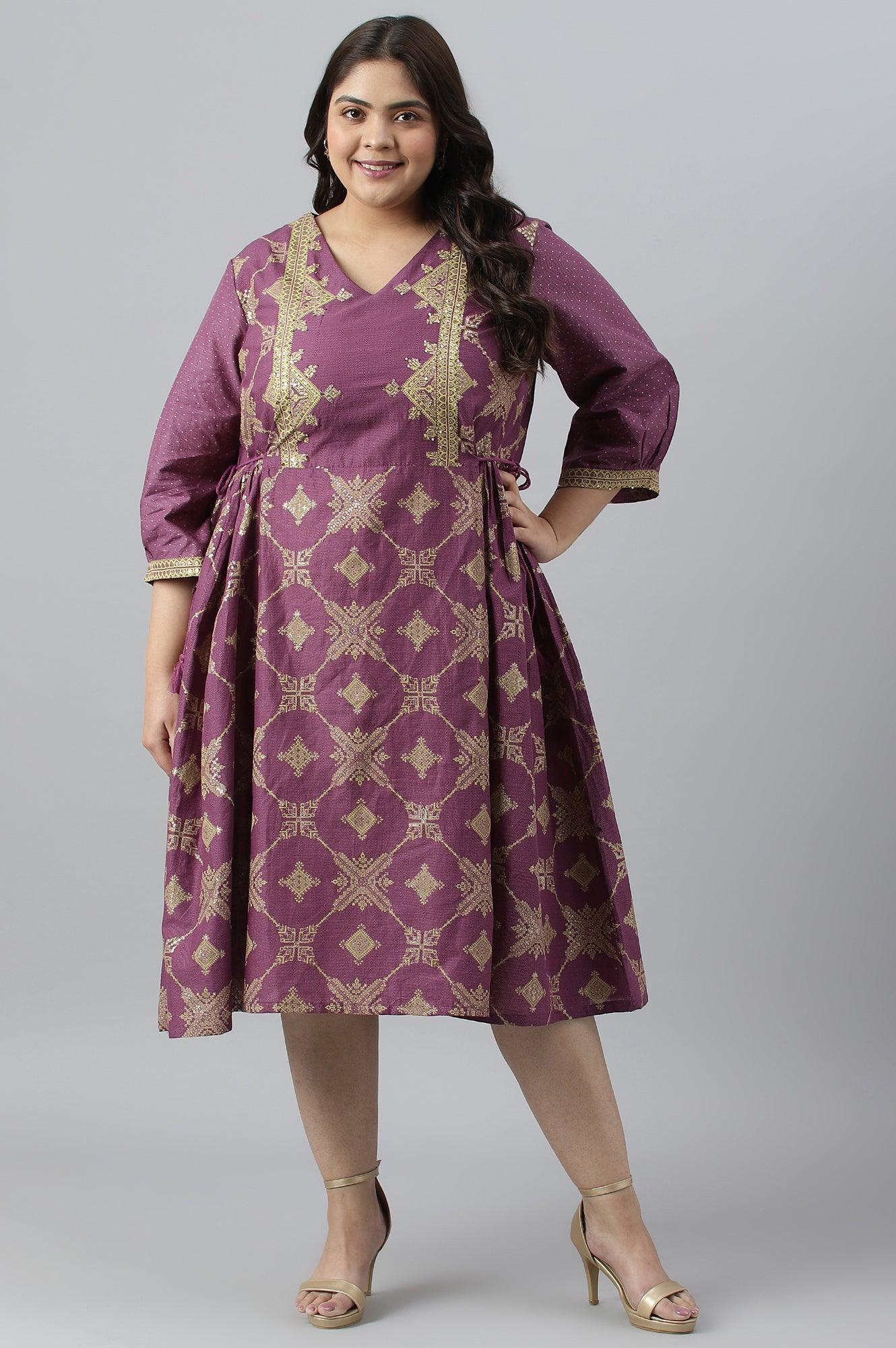 Plus Size Purple Festive Gathered Dress With Sequin - wforwoman