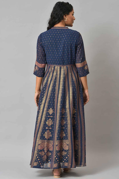 Dark Blue Gold Foil Printed Georgette Dress - wforwoman