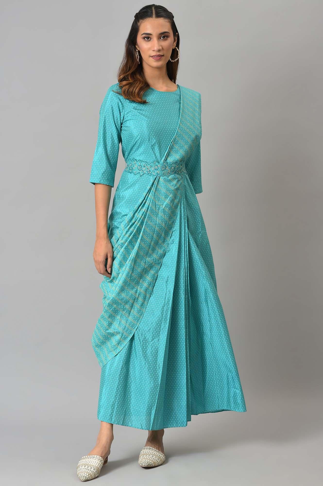 Teal Insta Saree Dress With Embroidered Belt - wforwoman