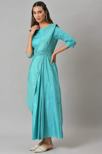 Teal Insta Saree Dress With Embroidered Belt - wforwoman