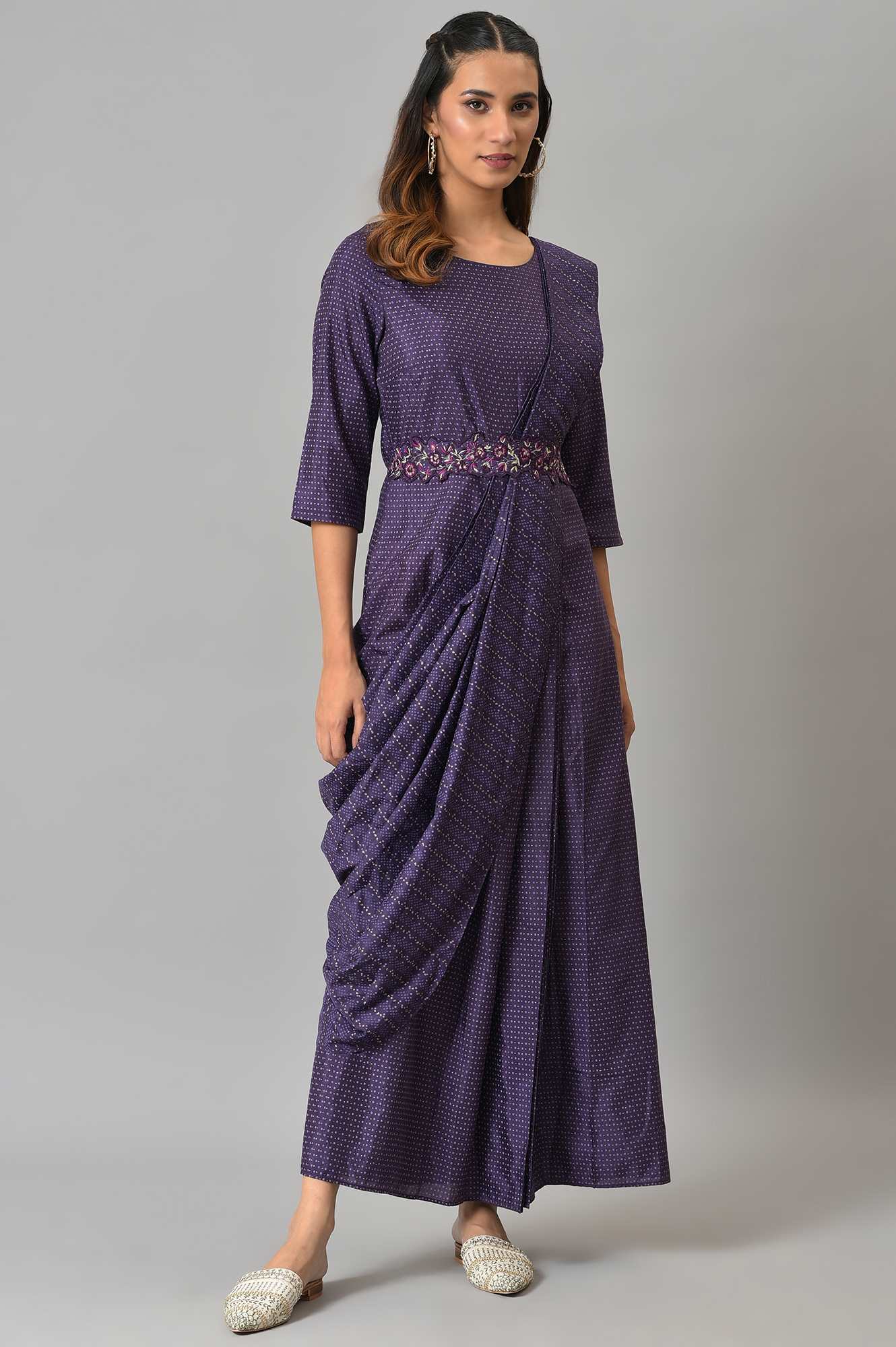 Purple Insta Saree Dress With Embroidered Belt