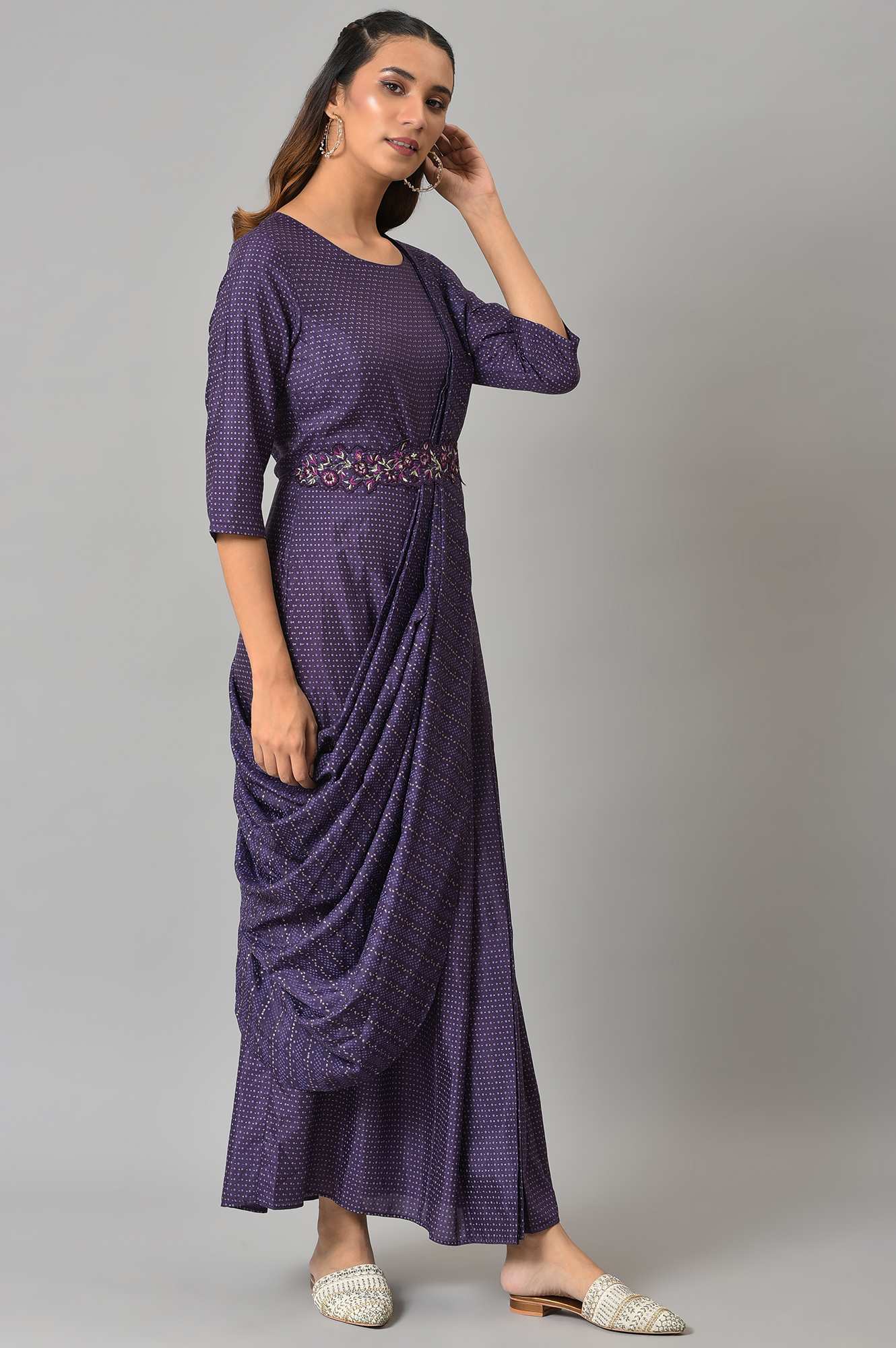 Purple Insta Saree Dress With Embroidered Belt