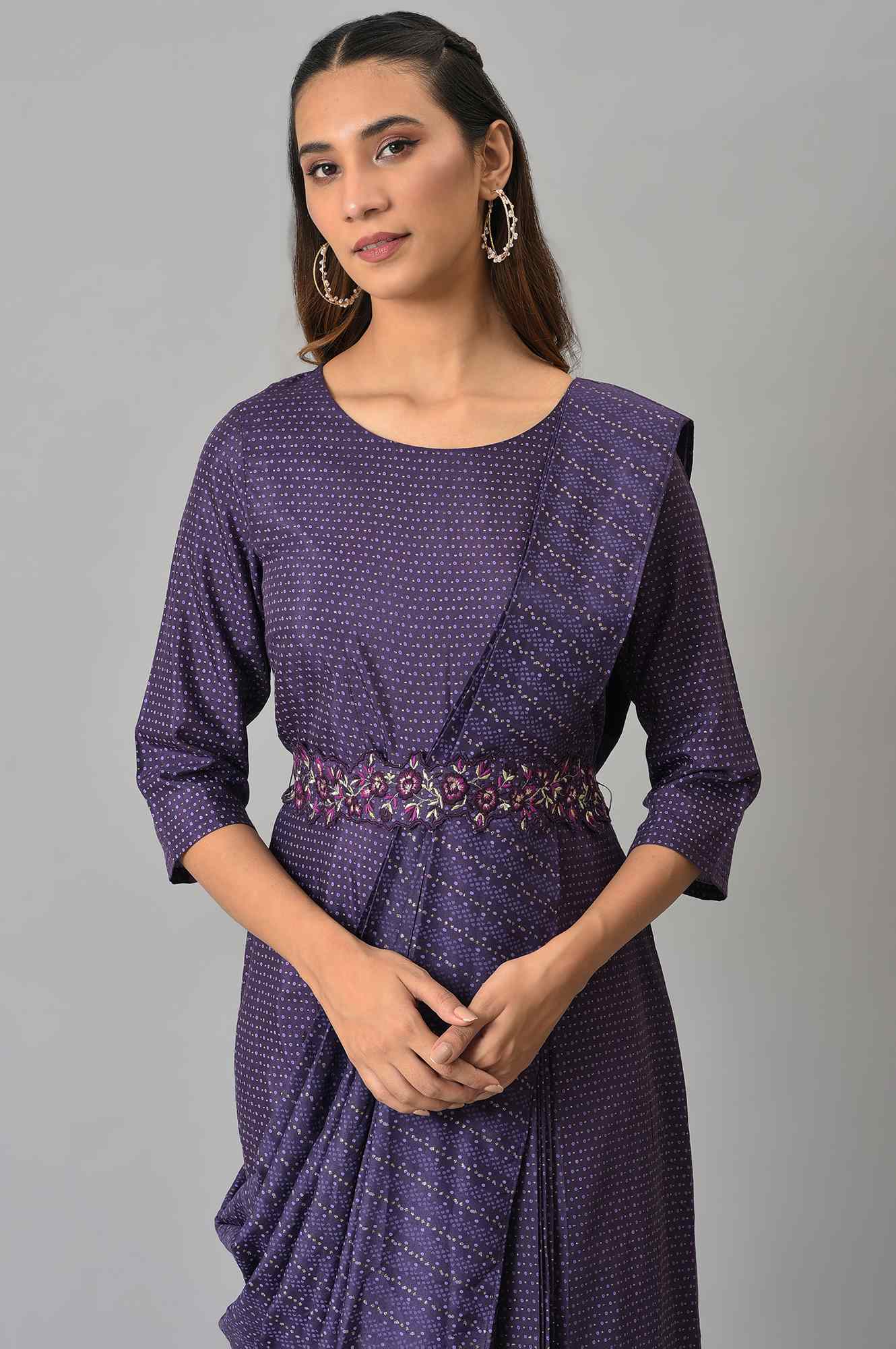 Purple Insta Saree Dress With Embroidered Belt