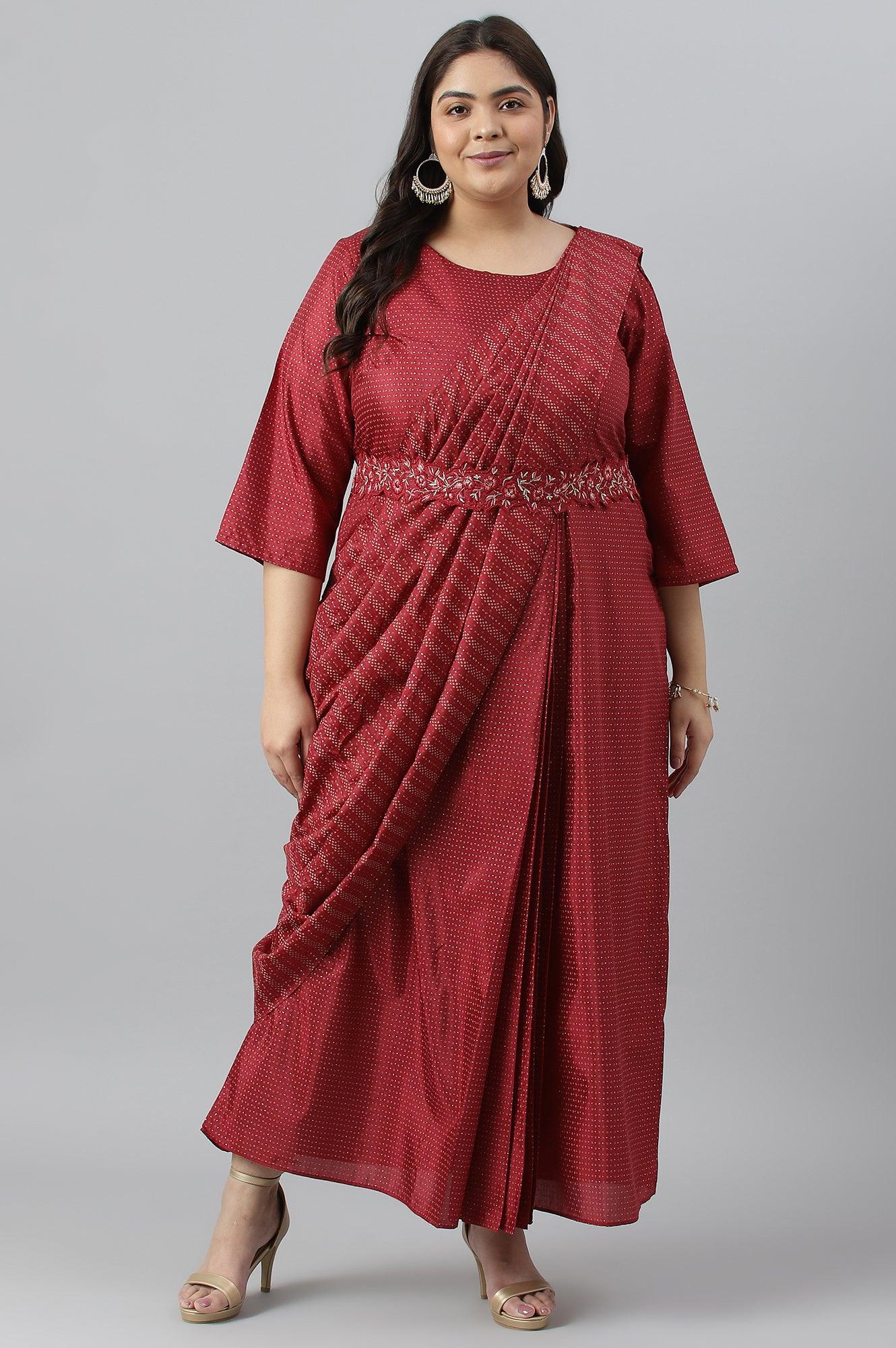 Plus Size Maroon Insta Saree Dress With Embroidered Belt - wforwoman