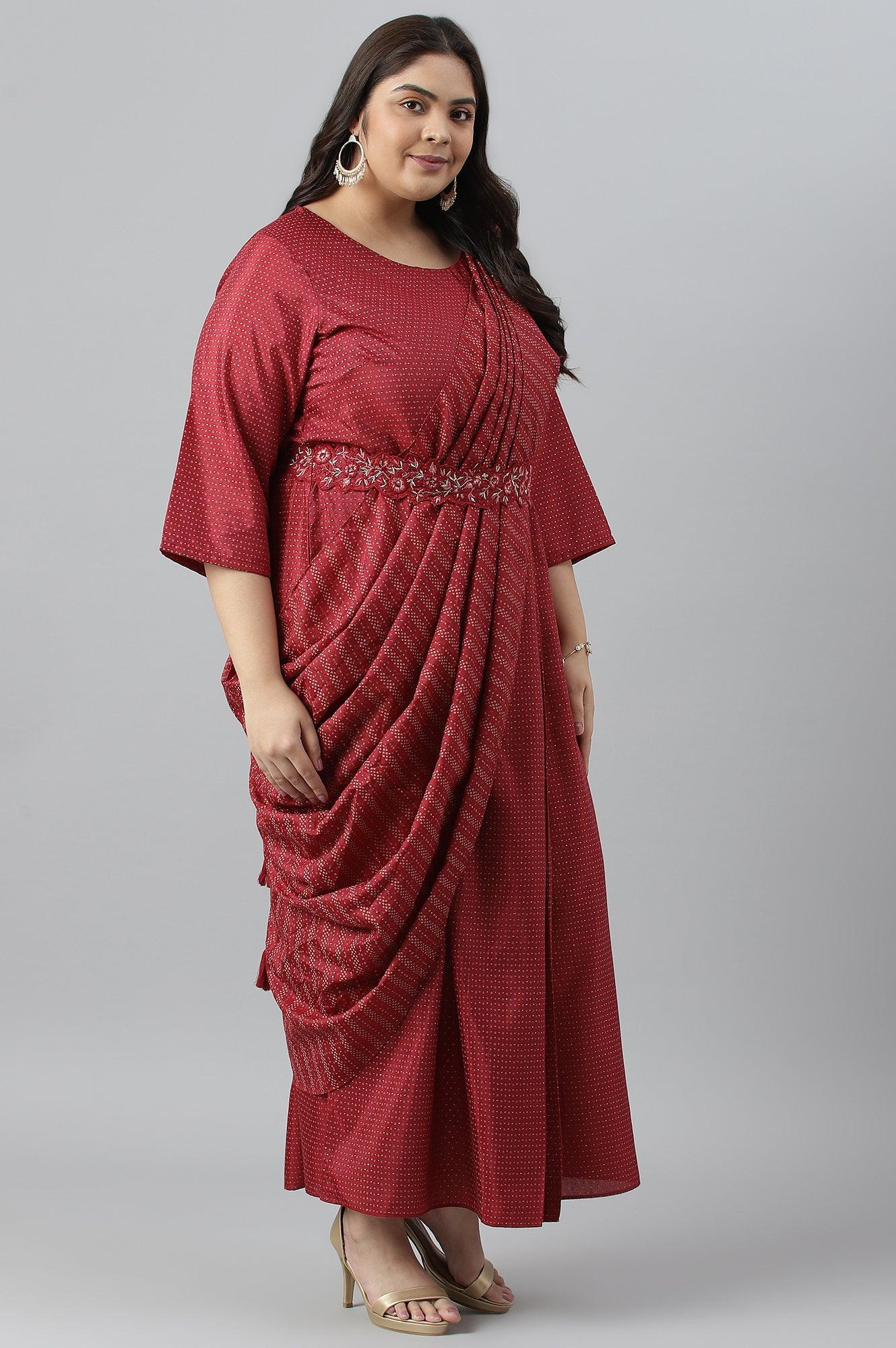 Buy Plus Size Maroon Insta Saree Dress With Embroidered Belt