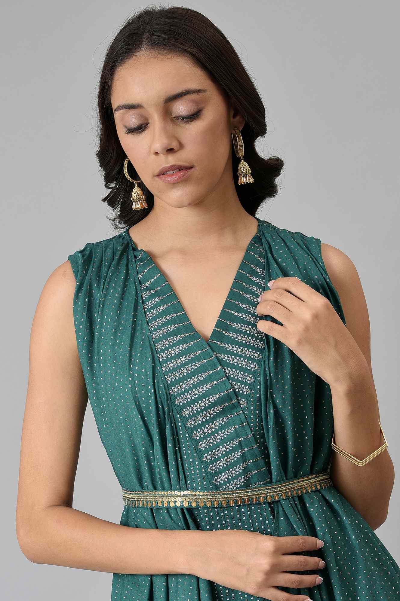 Green Gillet Kimono Jumpsuit With Embellished Belt