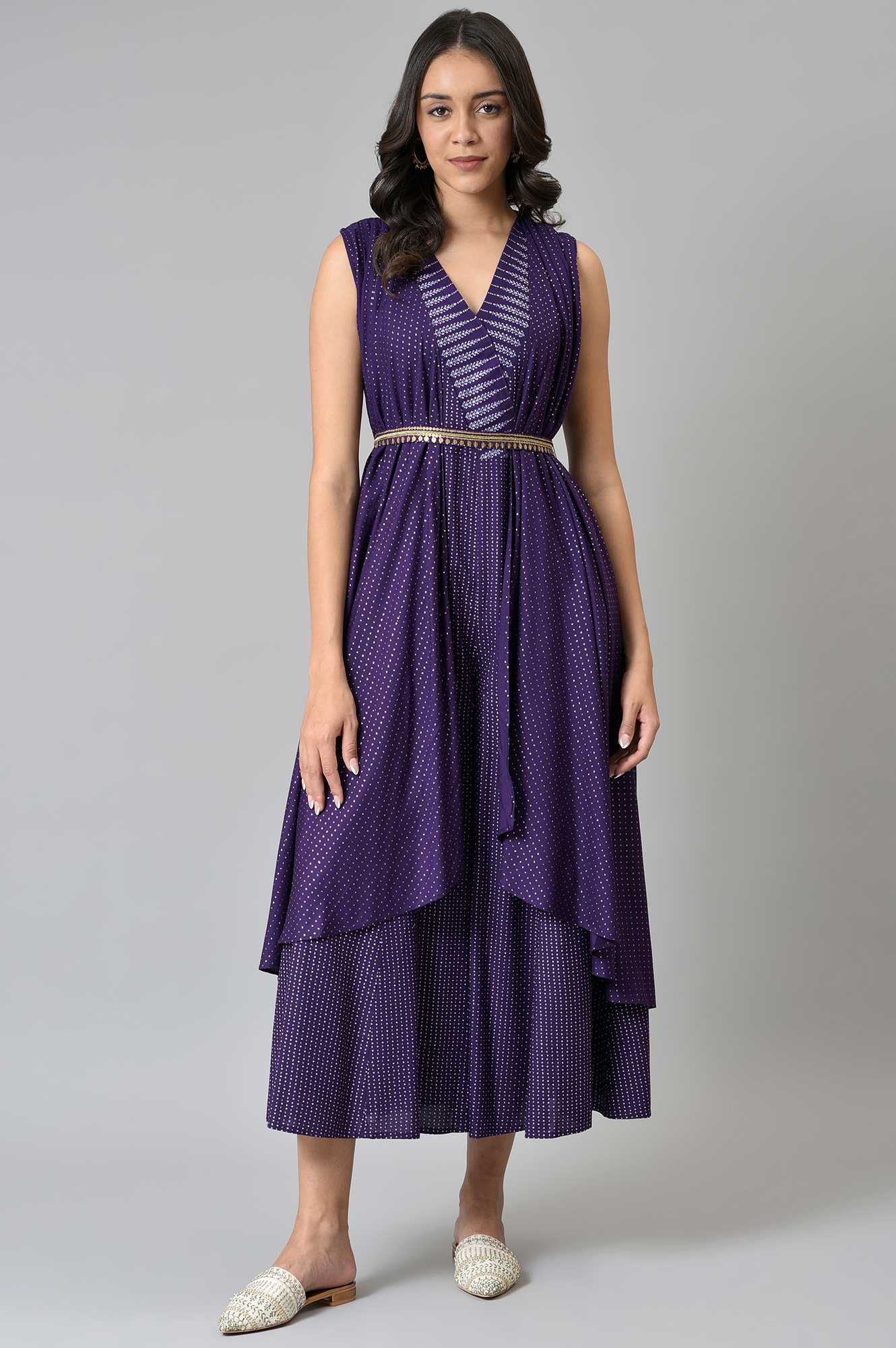 Purple Gillet Jumpsuit With Embellished Belt