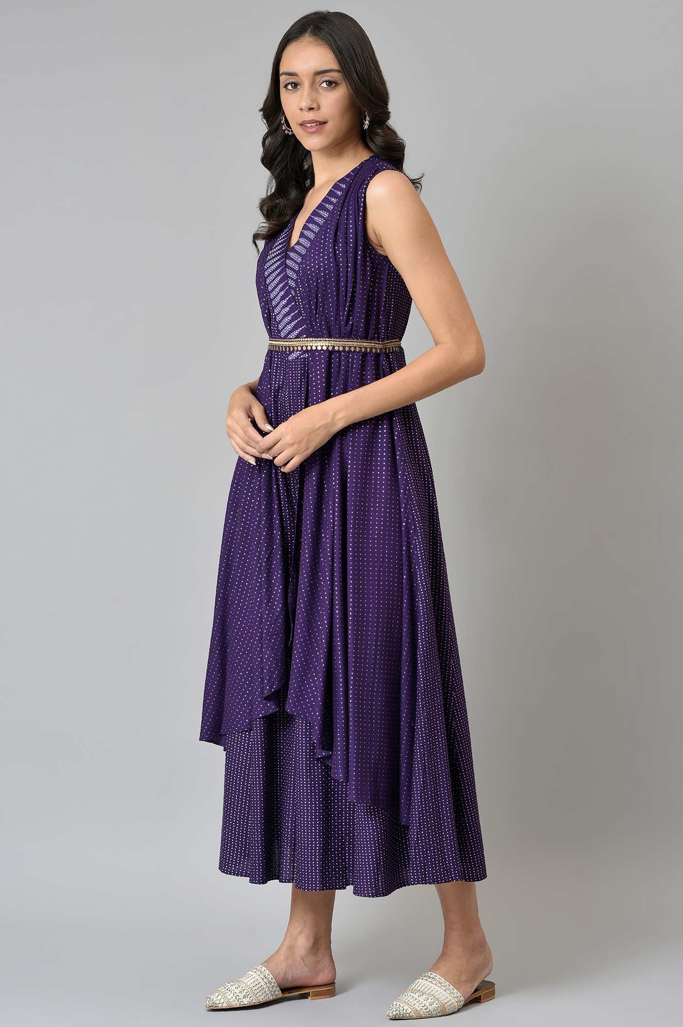 Purple Gillet Jumpsuit With Embellished Belt