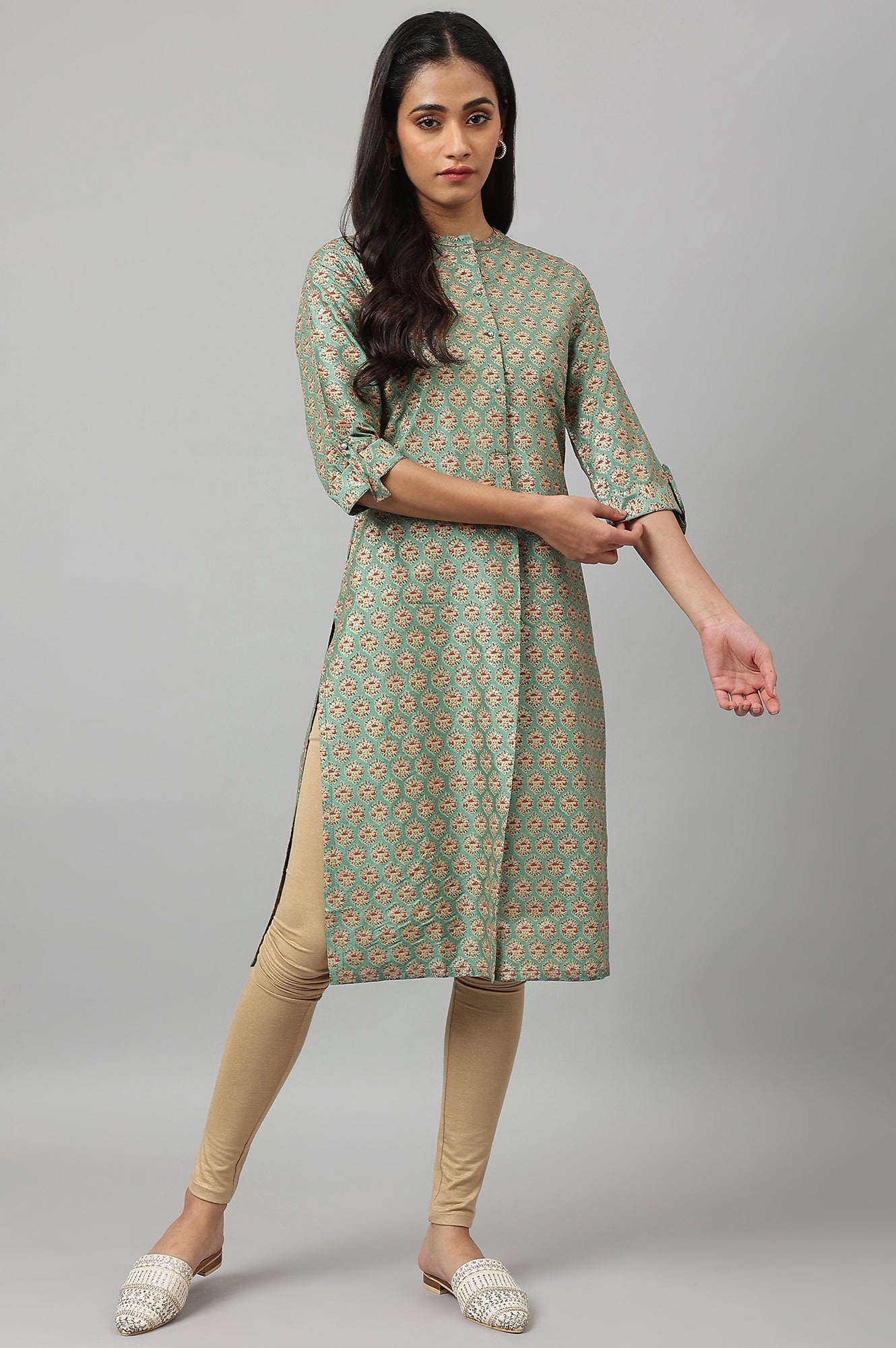 Green Glitter Printed Kurta in Mandarin Collar - wforwoman