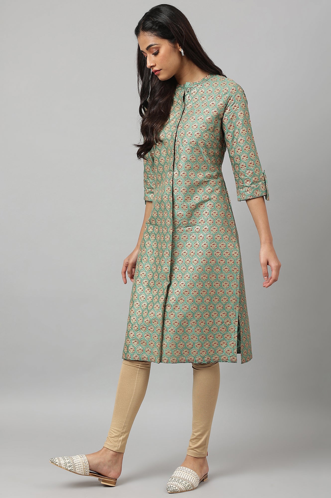 Green Glitter Printed Kurta in Mandarin Collar - wforwoman