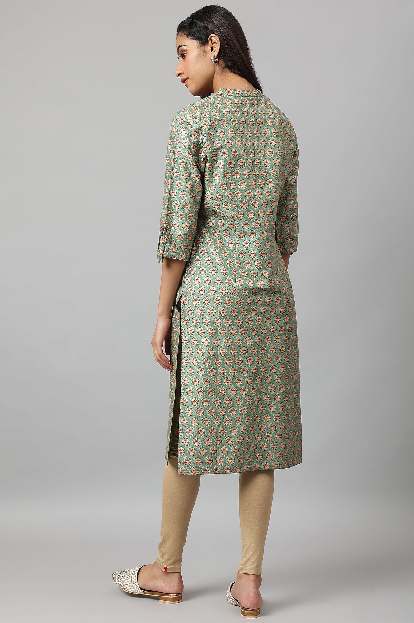 Green Glitter Printed Kurta in Mandarin Collar - wforwoman