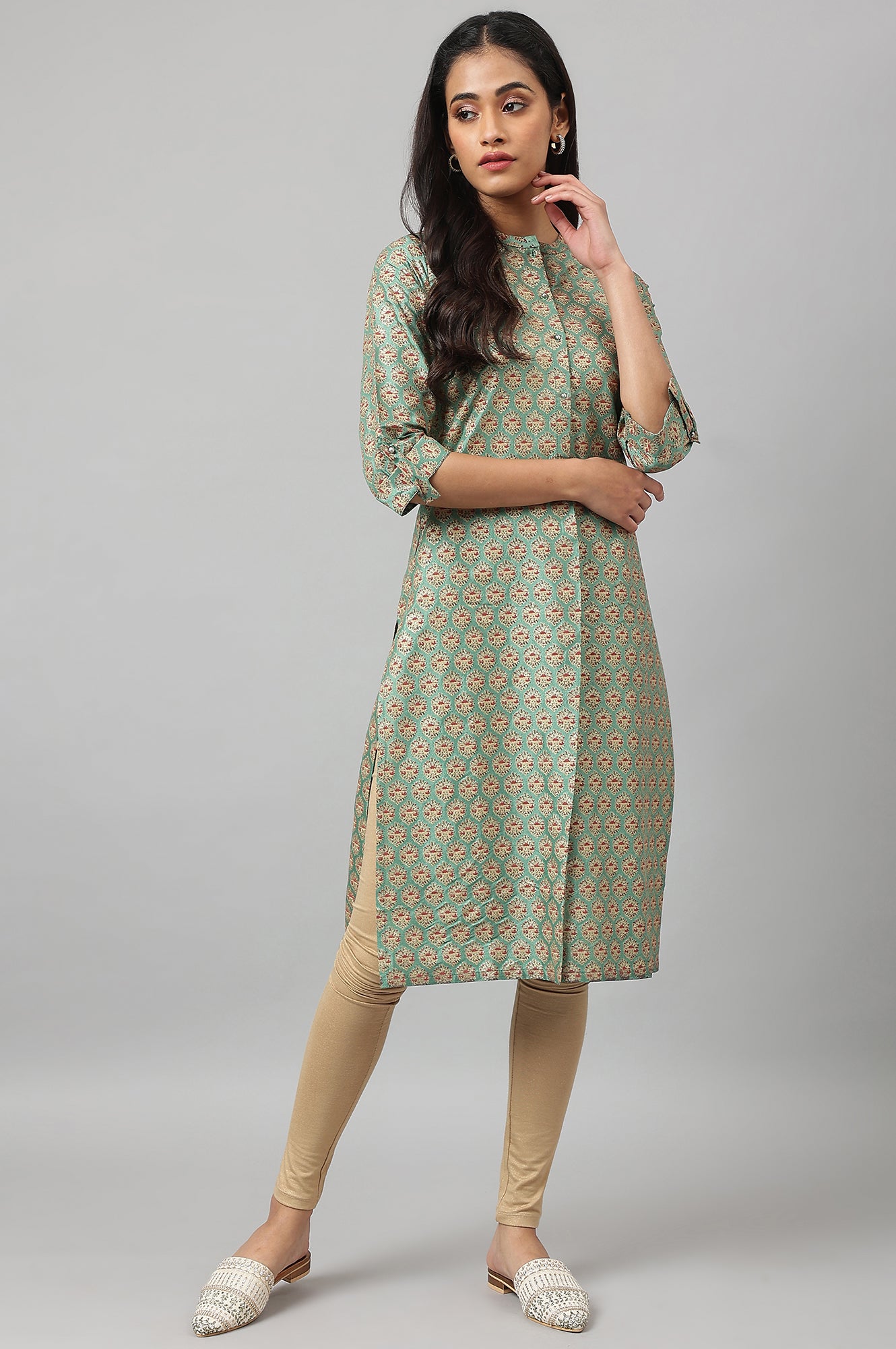 Green Glitter Printed Kurta in Mandarin Collar - wforwoman