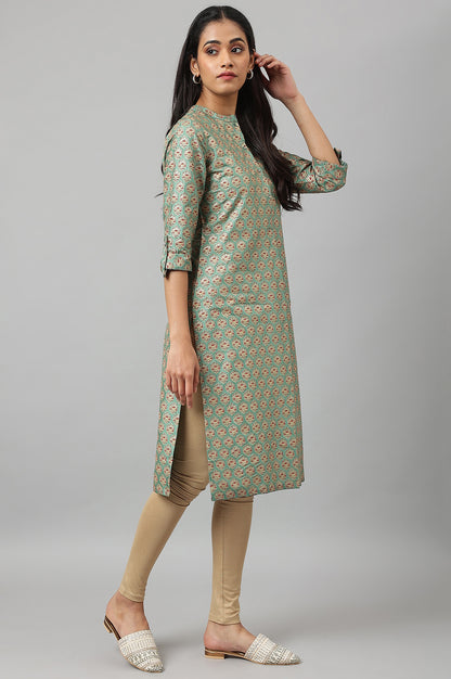 Green Glitter Printed Kurta in Mandarin Collar - wforwoman