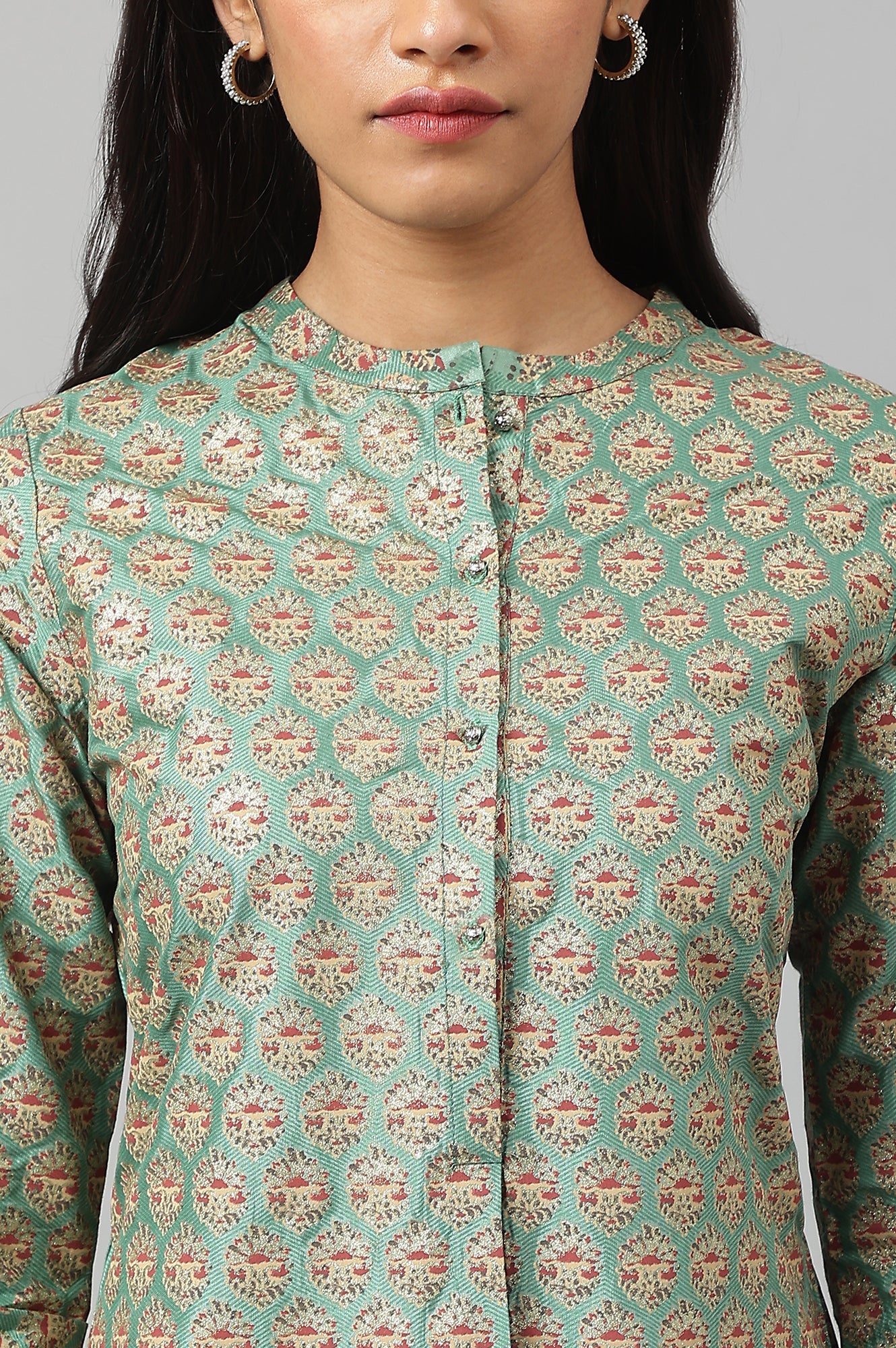 Green Glitter Printed Kurta in Mandarin Collar - wforwoman