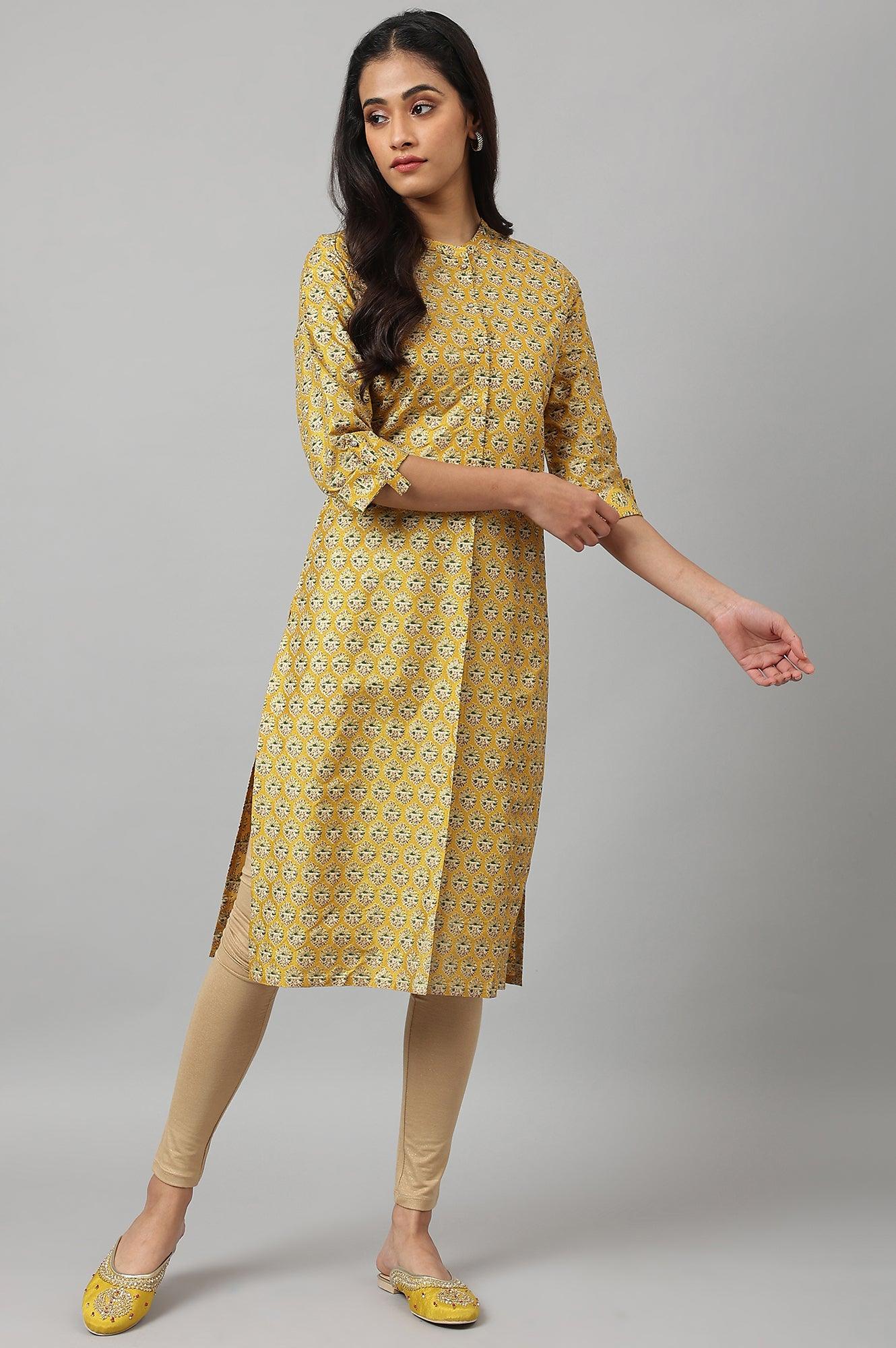 Mustard Glitter Printed kurta In Mandarin Collar - wforwoman