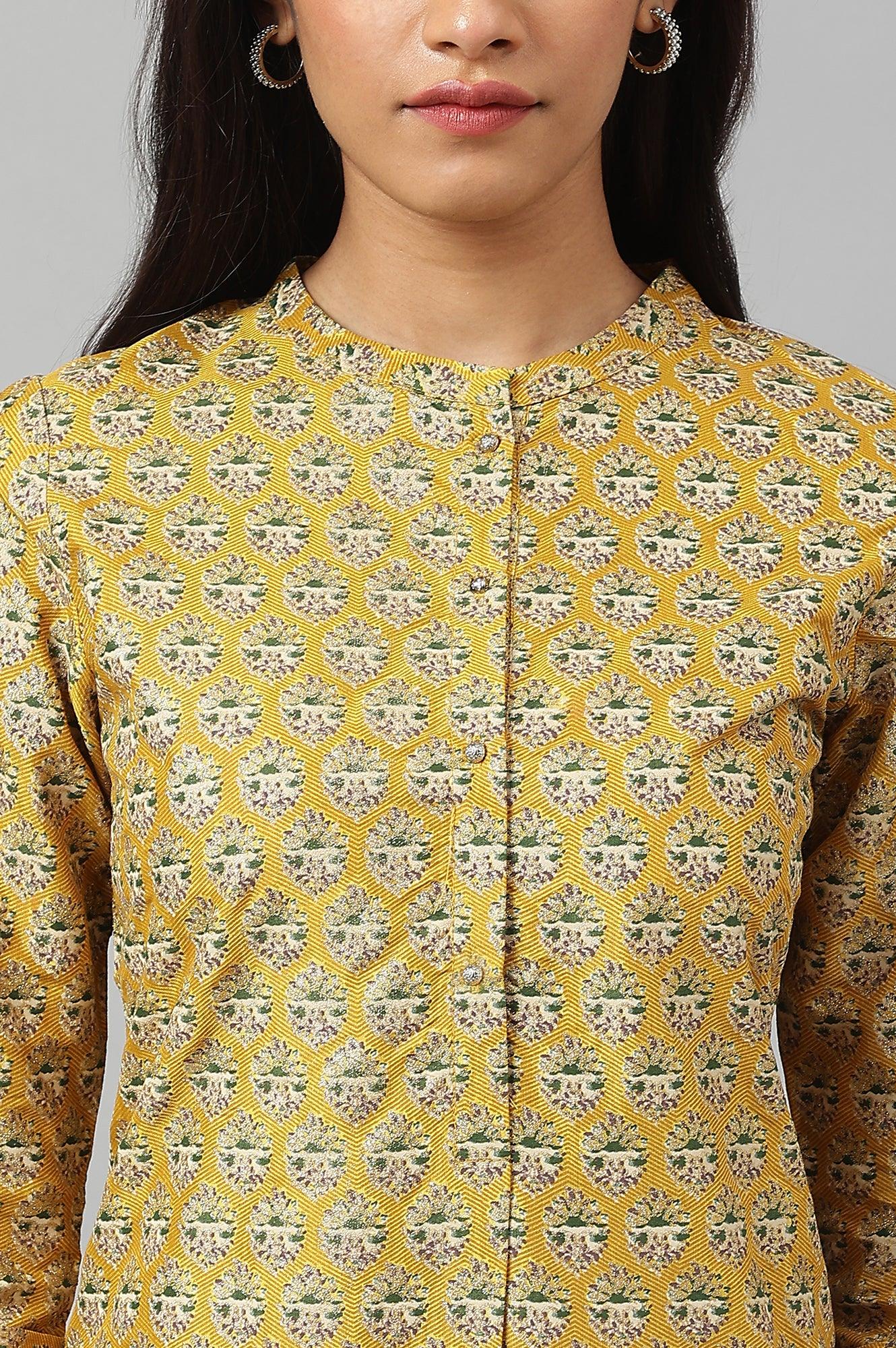 Mustard Glitter Printed kurta In Mandarin Collar - wforwoman