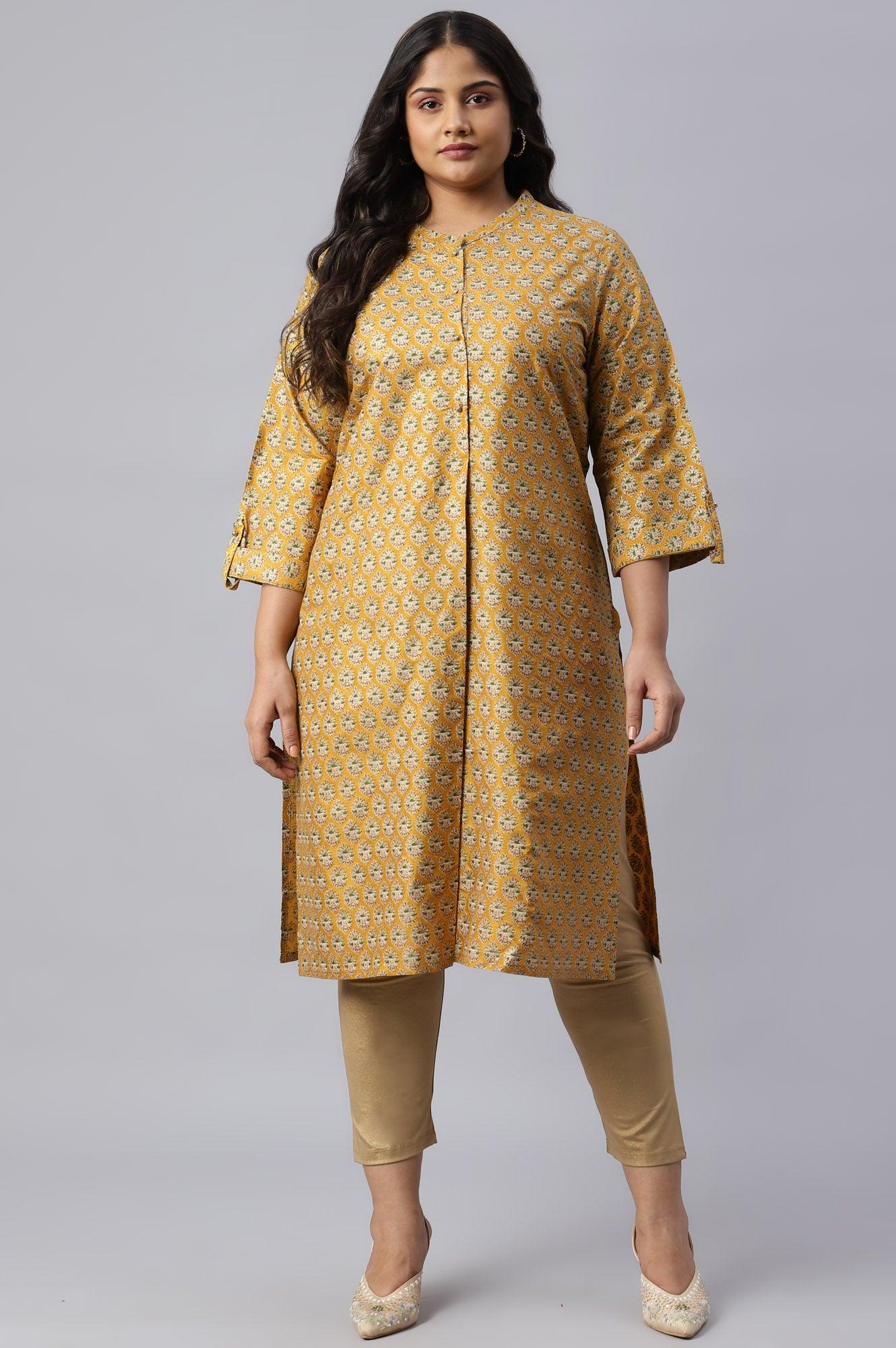 Mustard Glitter Printed Plus Size kurta In Mandarin Collar - wforwoman
