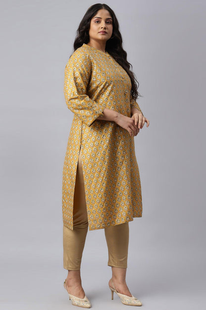 Mustard Glitter Printed Plus Size kurta In Mandarin Collar - wforwoman