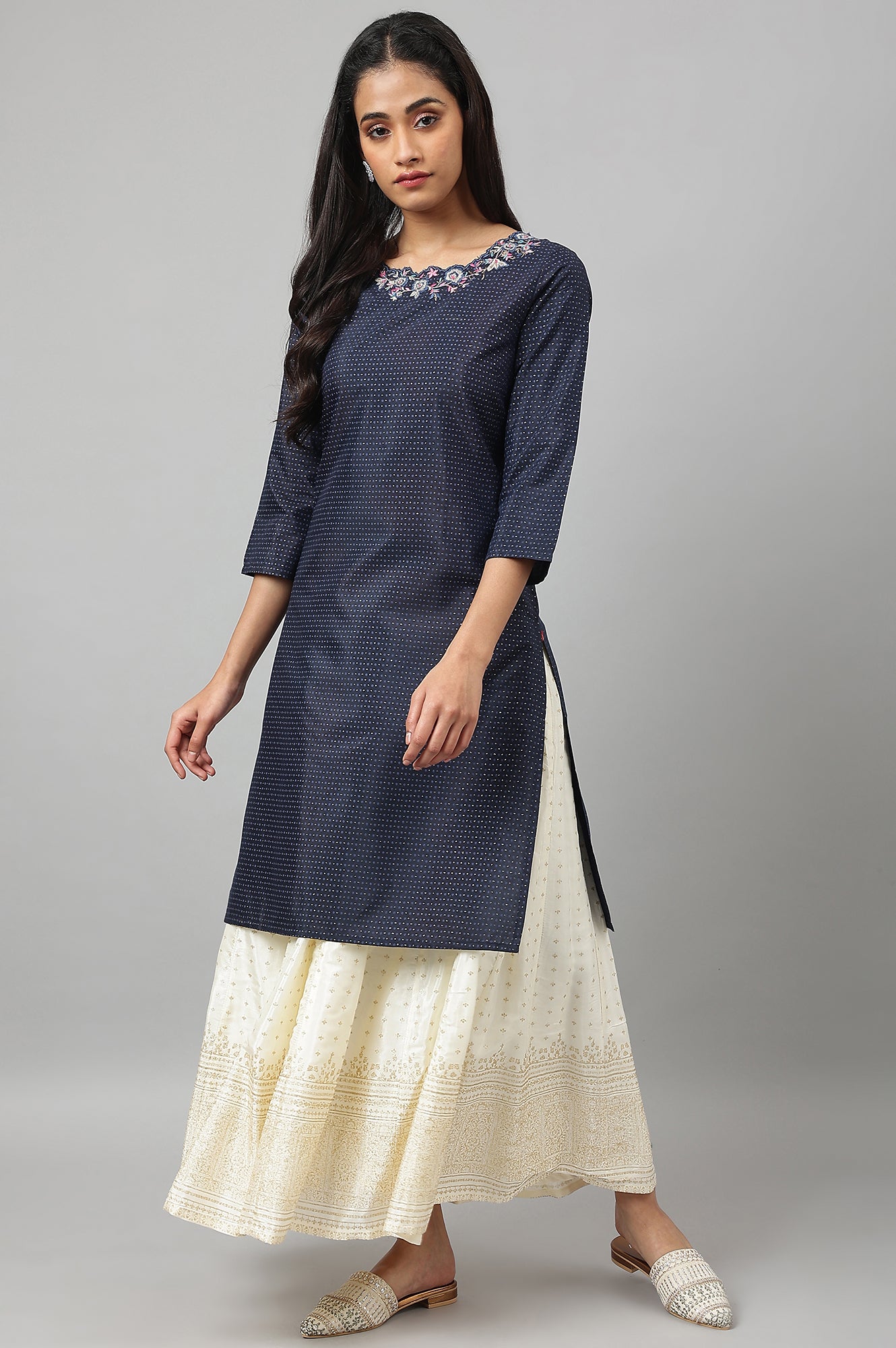 Navy Blue Festive Kurta with Embroidered Neck - wforwoman