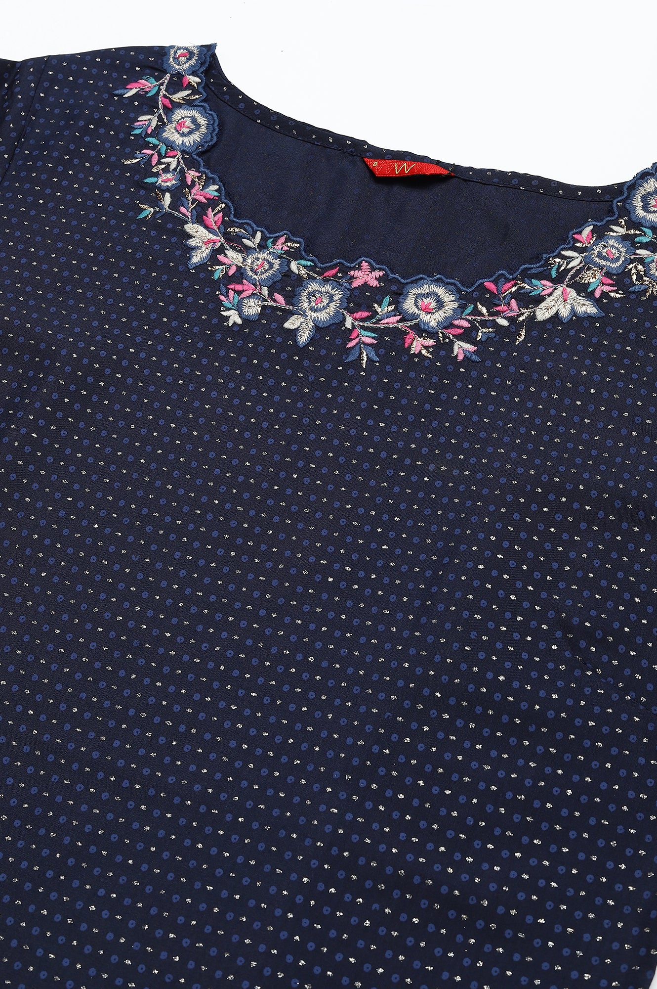 Navy Blue Festive Kurta with Embroidered Neck - wforwoman