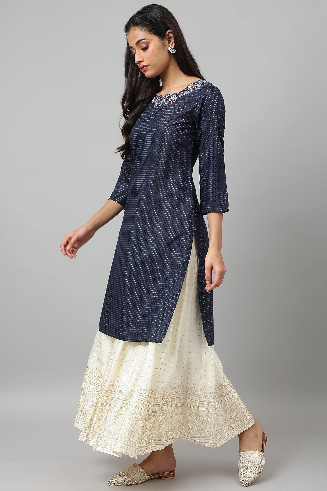 Navy Blue Festive Kurta with Embroidered Neck - wforwoman