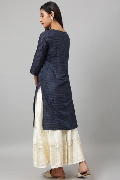 Navy Blue Festive Kurta with Embroidered Neck - wforwoman