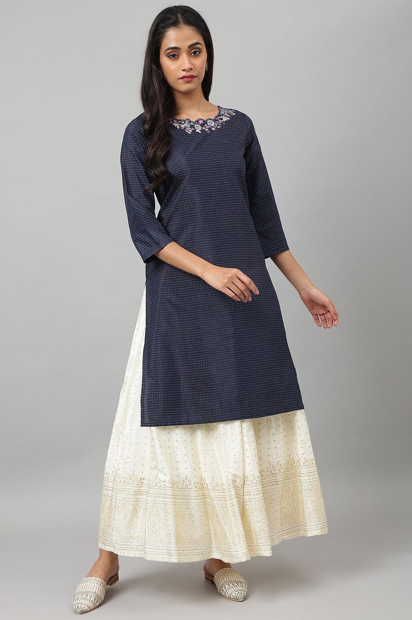 Navy Blue Festive Kurta with Embroidered Neck - wforwoman