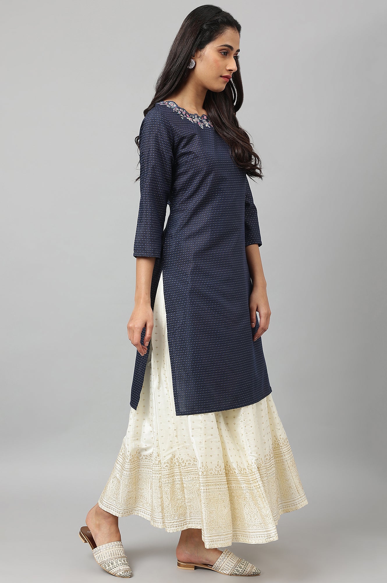 Navy Blue Festive Kurta with Embroidered Neck - wforwoman