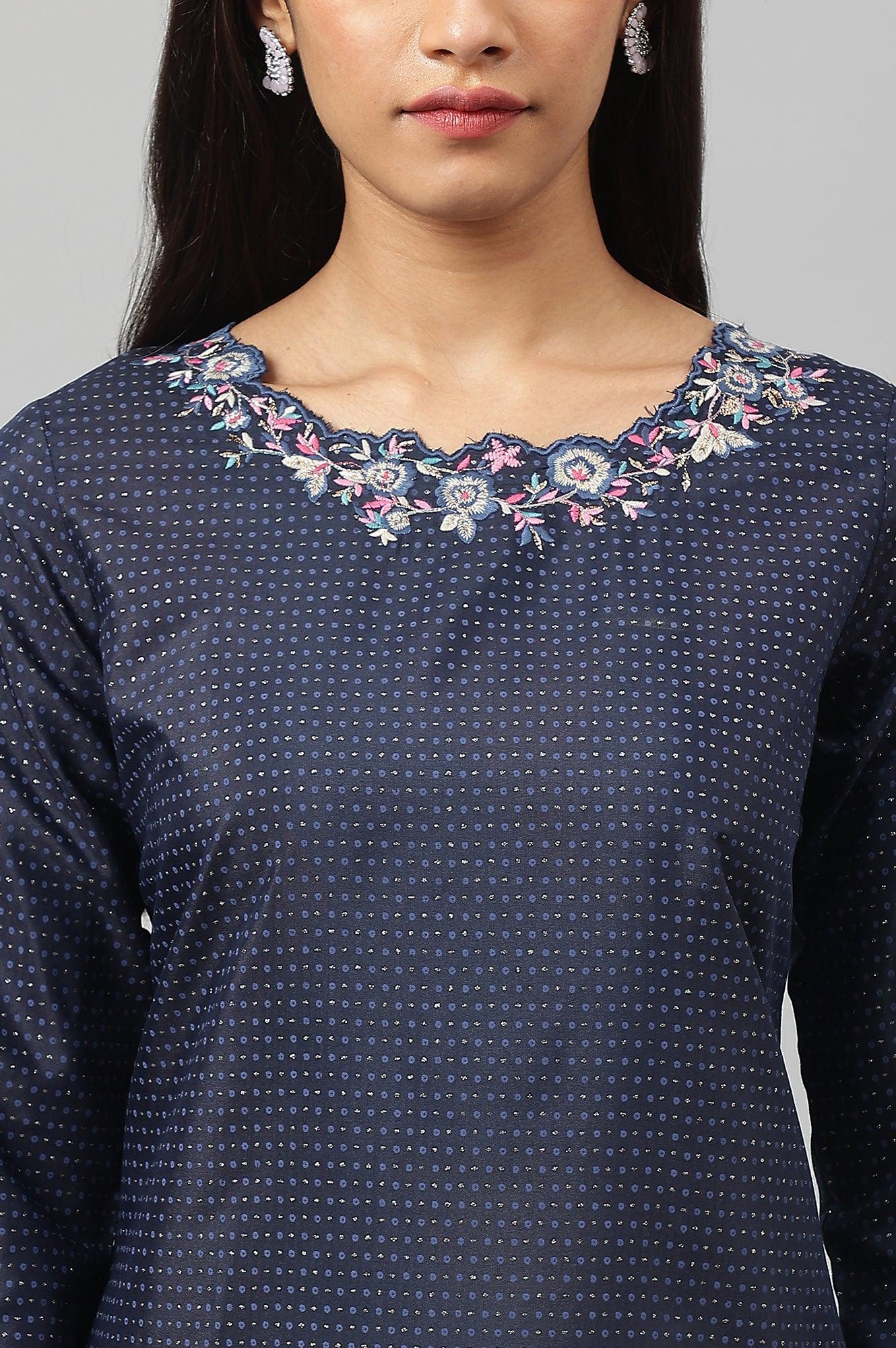 Navy Blue Festive kurta With Embroidered Neck - wforwoman