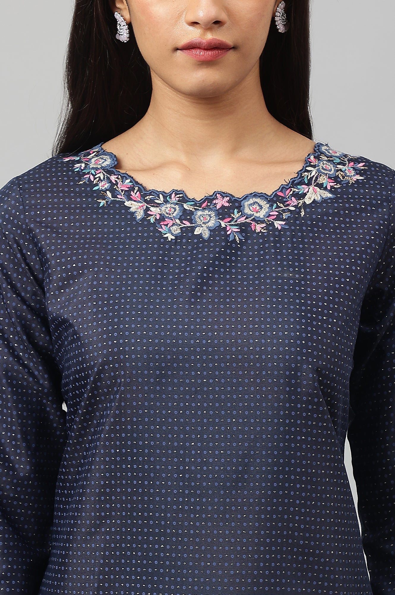 Navy Blue Festive Kurta with Embroidered Neck - wforwoman