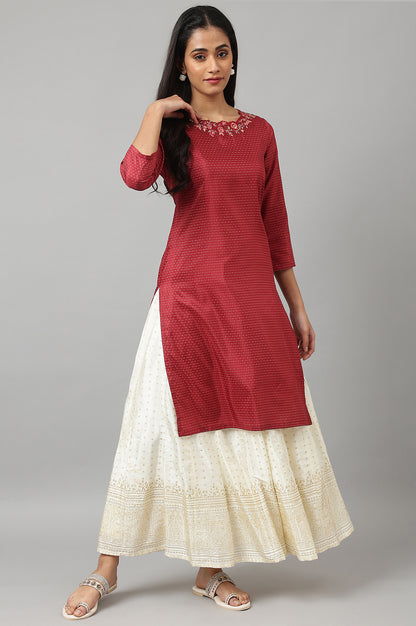 Maroon Festive kurta With Embroidered Neck