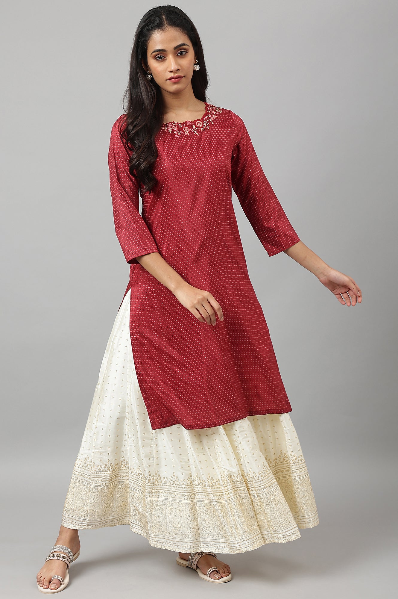 Maroon Festive kurta With Embroidered Neck