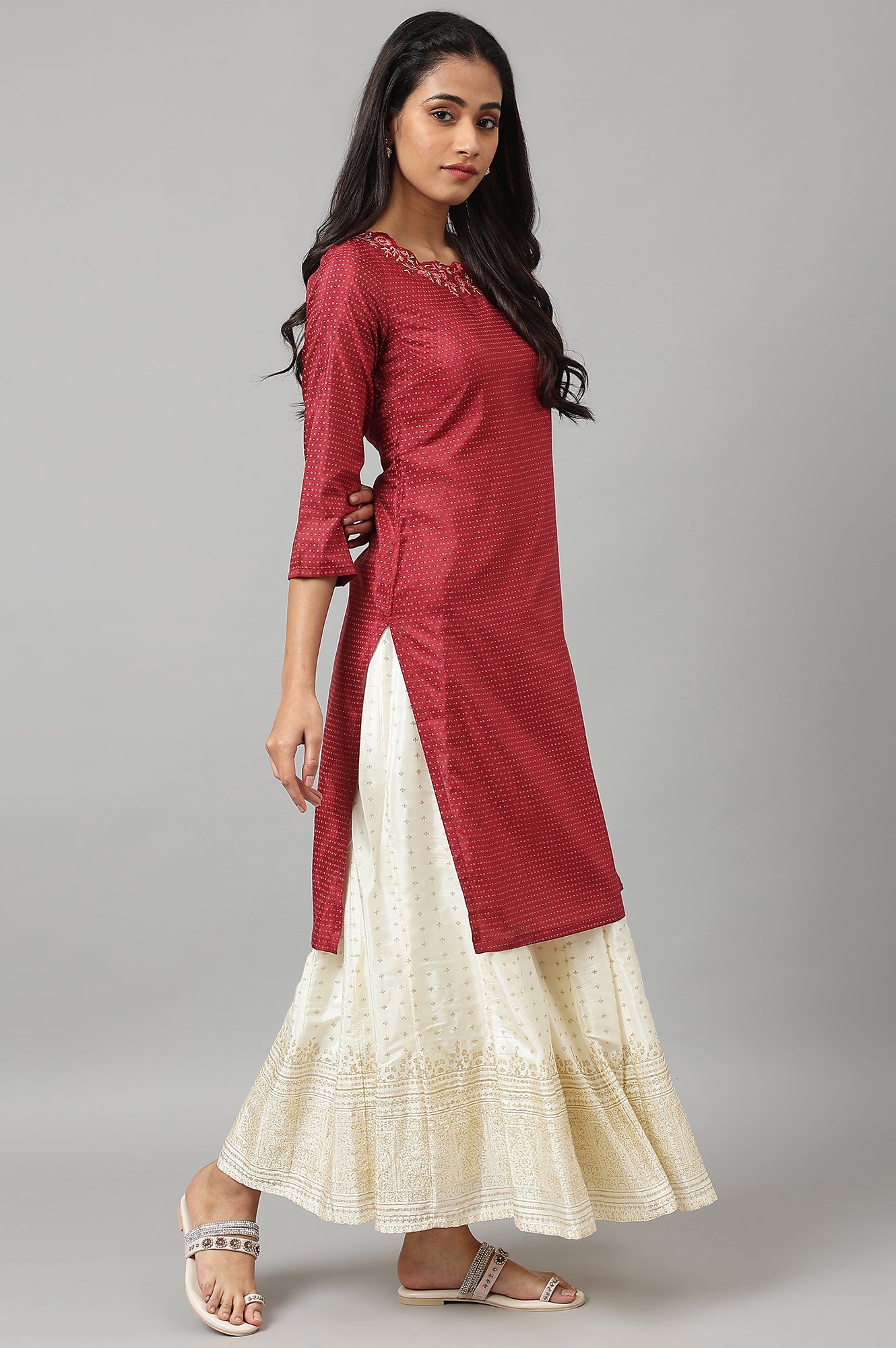 Maroon Festive kurta With Embroidered Neck