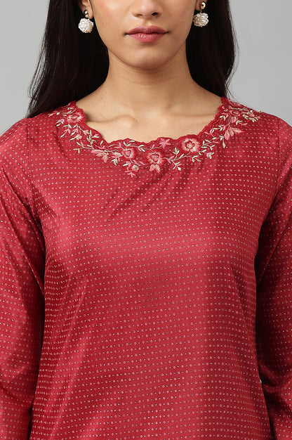 Maroon Festive kurta With Embroidered Neck