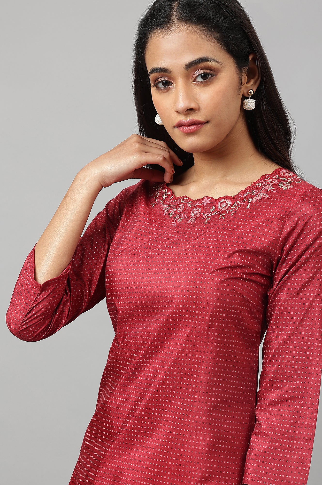 Maroon Festive kurta With Embroidered Neck