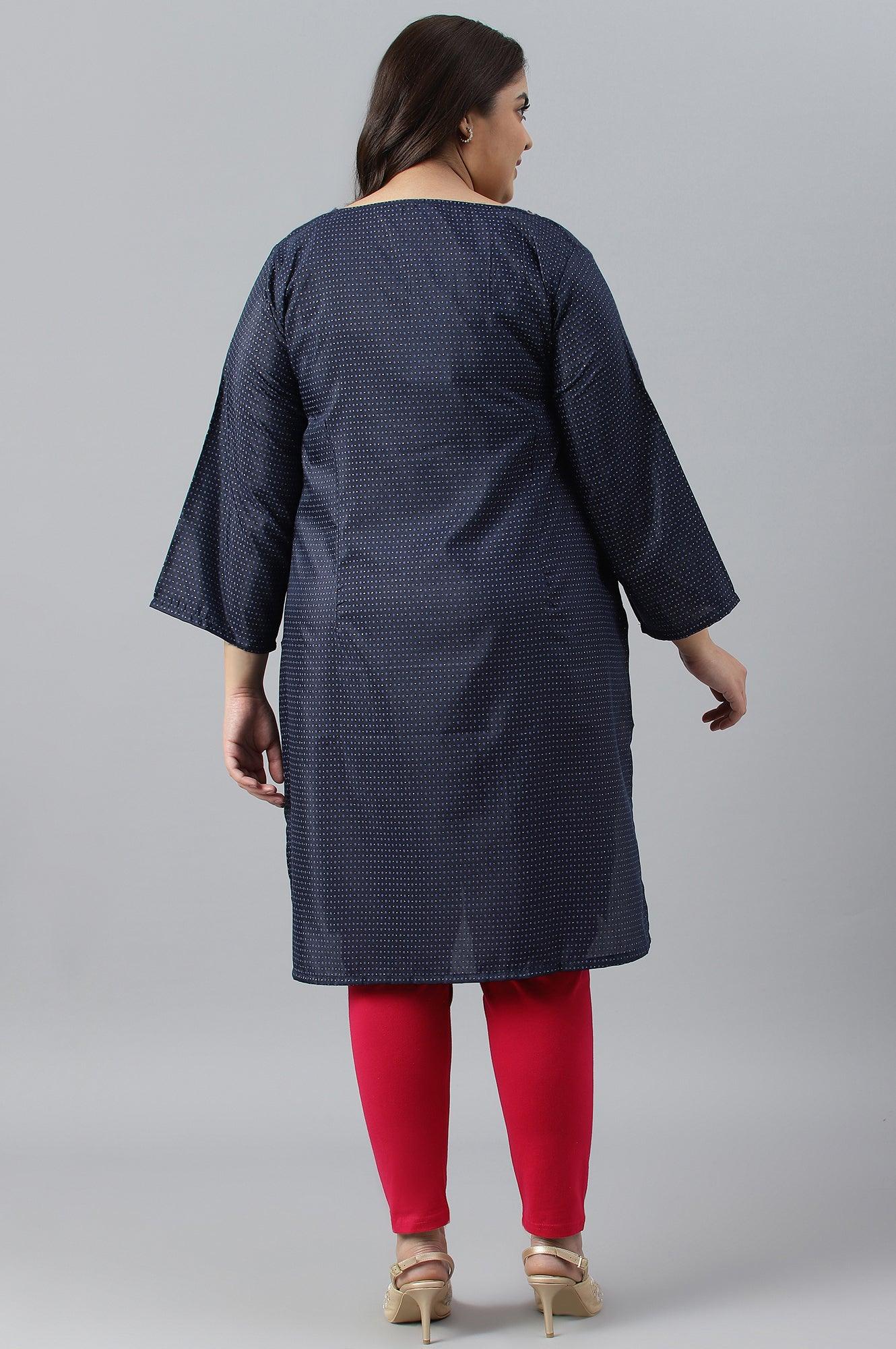 Navy Blue Festive Plus Size kurta With Embroidered Neck - wforwoman