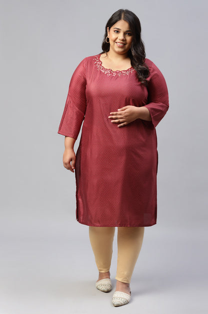 Maroon Festive Plus Size kurta With Embroidered Neck