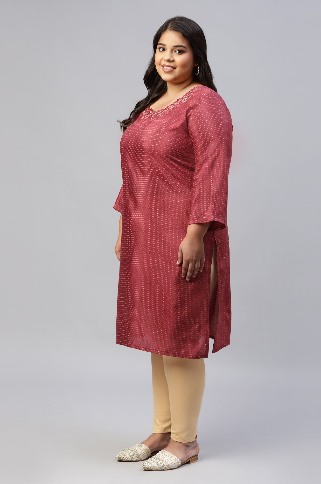 Maroon Festive Plus Size kurta With Embroidered Neck