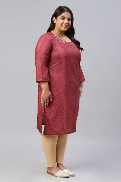 Maroon Festive Plus Size kurta With Embroidered Neck