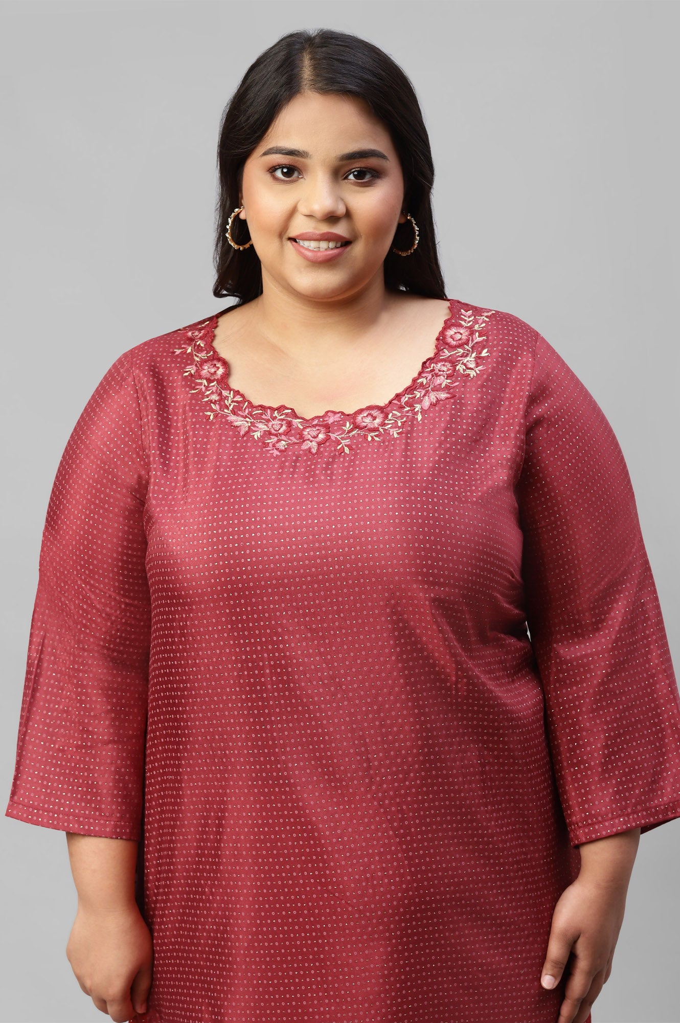 Maroon Festive Plus Size kurta With Embroidered Neck