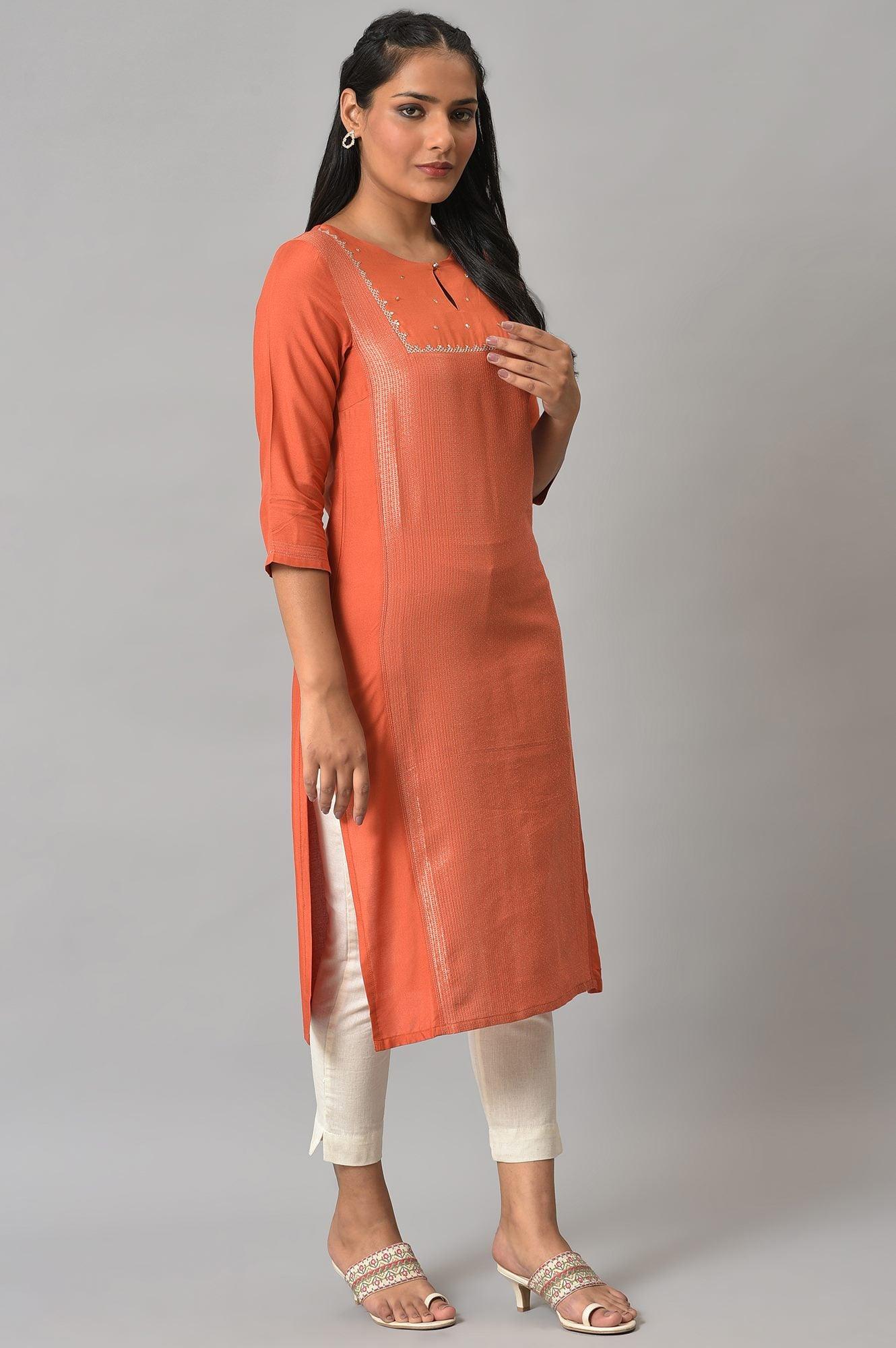 Orange Panelled Dobby Festive kurta - wforwoman