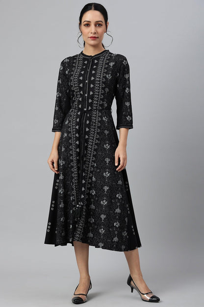 Black Floral Printed Panelled Indie Dress - wforwoman