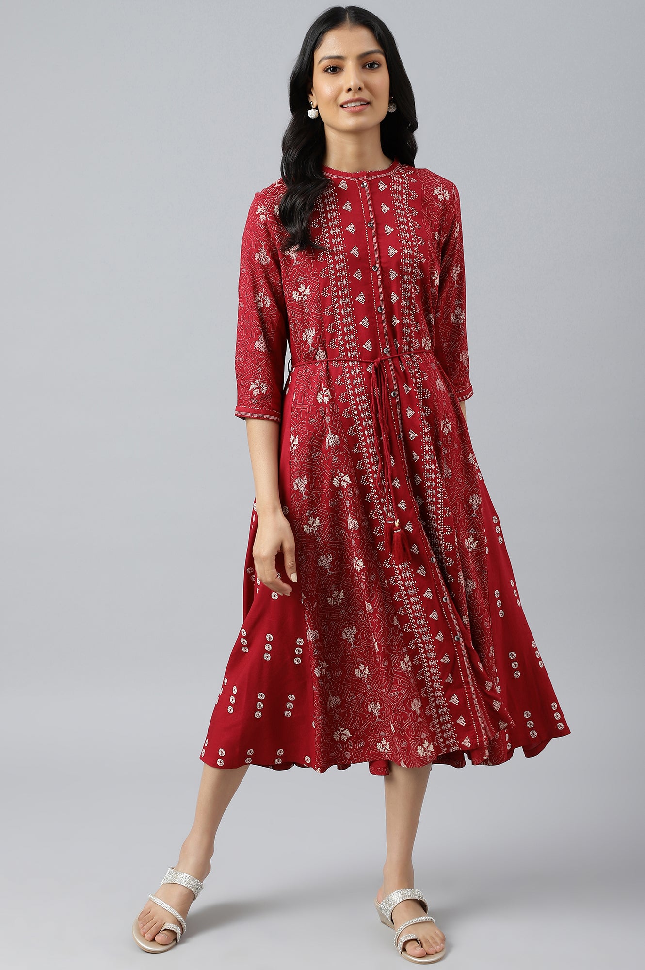 Maroon Floral Printed Panelled Indie Dress