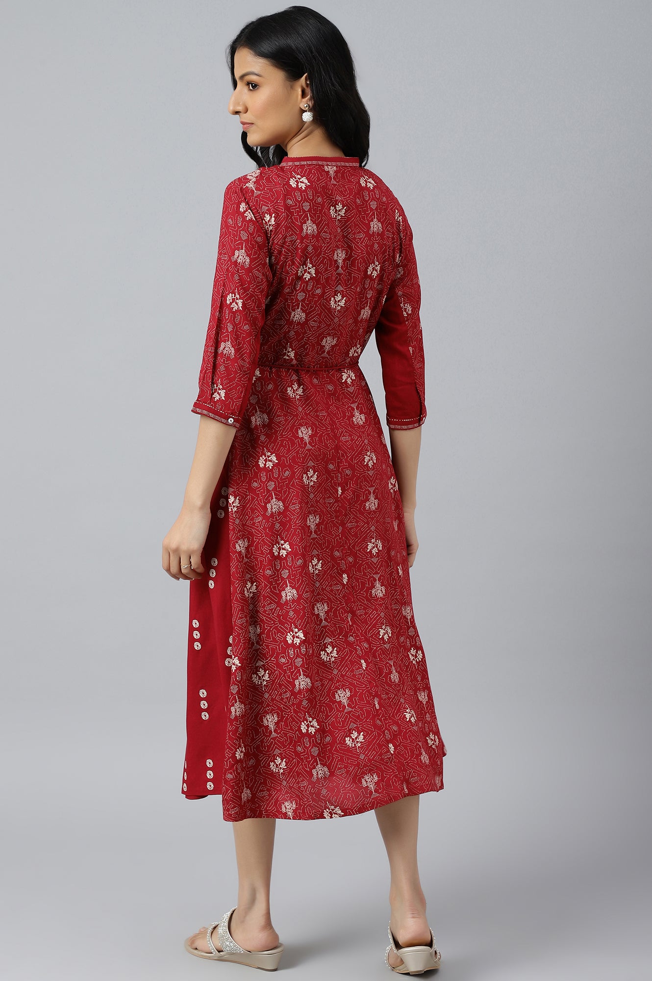 Maroon Floral Printed Panelled Indie Dress