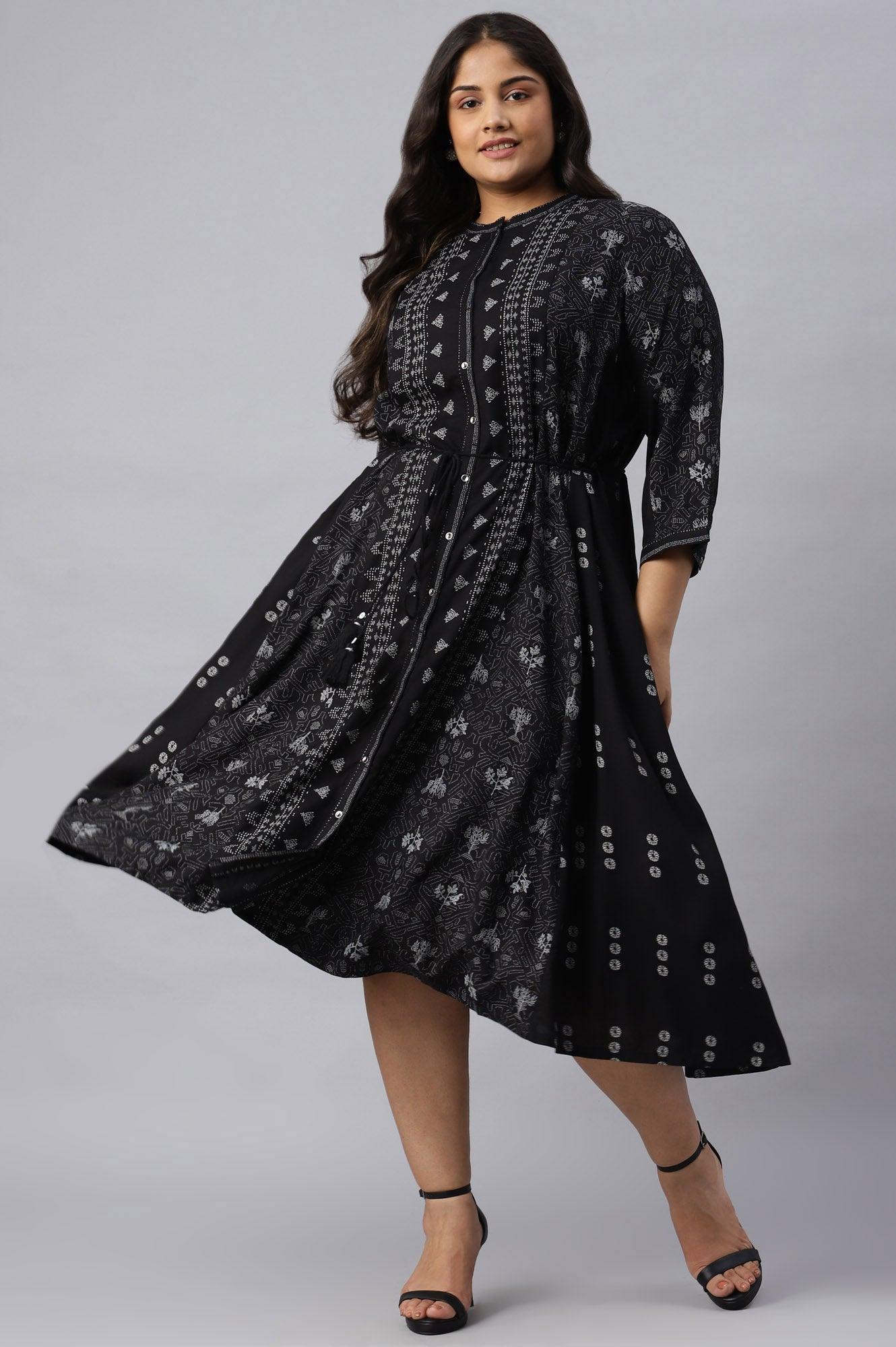 Plus Size Black Floral Printed Panelled Indie Dress - wforwoman