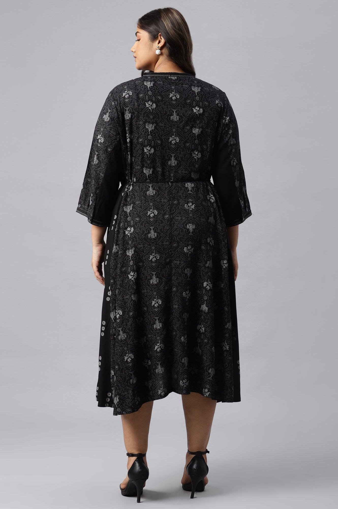 Plus Size Black Floral Printed Panelled Indie Dress - wforwoman