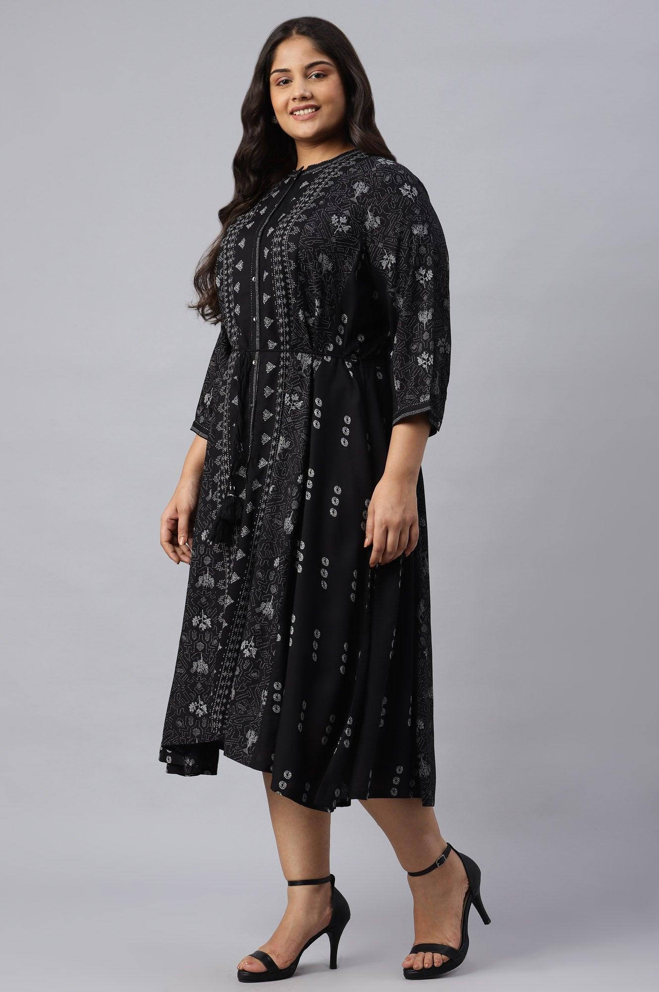 Plus Size Black Floral Printed Panelled Indie Dress - wforwoman