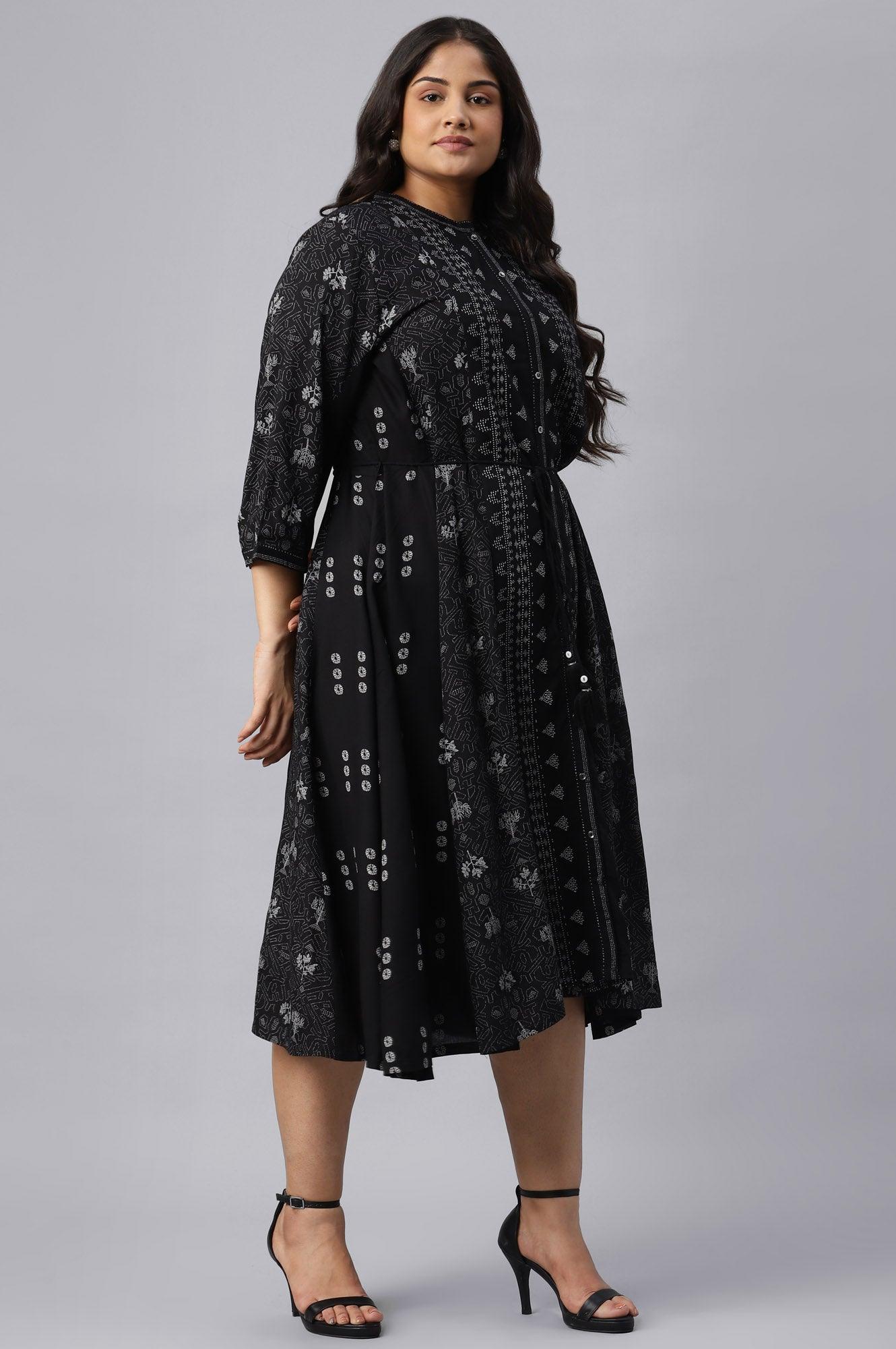 Plus Size Black Floral Printed Panelled Indie Dress - wforwoman